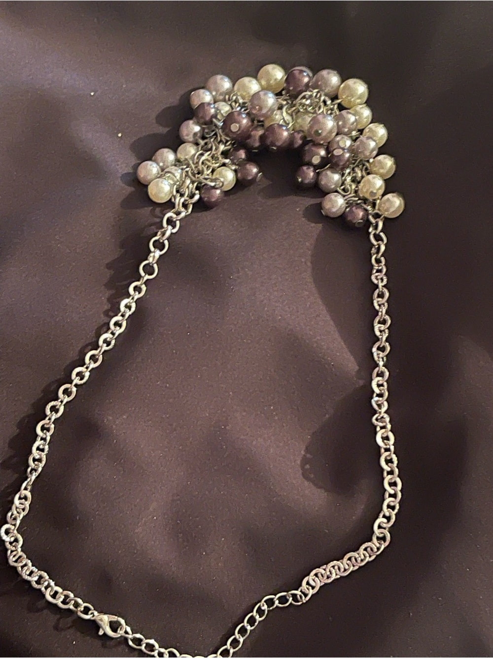 Pearl Cluster Statement Necklace - Silver Chain, Ivory & Lavender Pearls